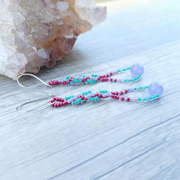 Dyed Jade Gemstone Spiral Beaded Dangle Earrings, Boho Chic Artisan Statement 3" - Picture 5 of 8